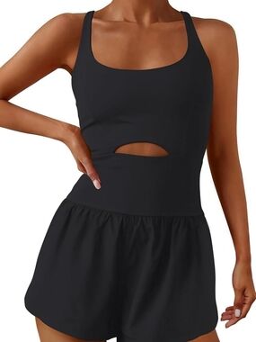 Athletic Romper Waist Cutout Cross Back Built-In Shorts Pockets Workout Black M